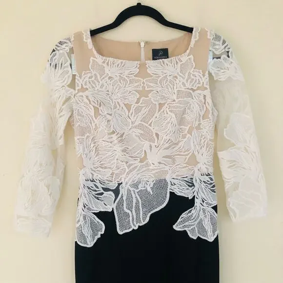 Adrianna Papell Embroidered Contrast Evening Gown Black Ivory Women's Size 2 - Picture 5 of 10